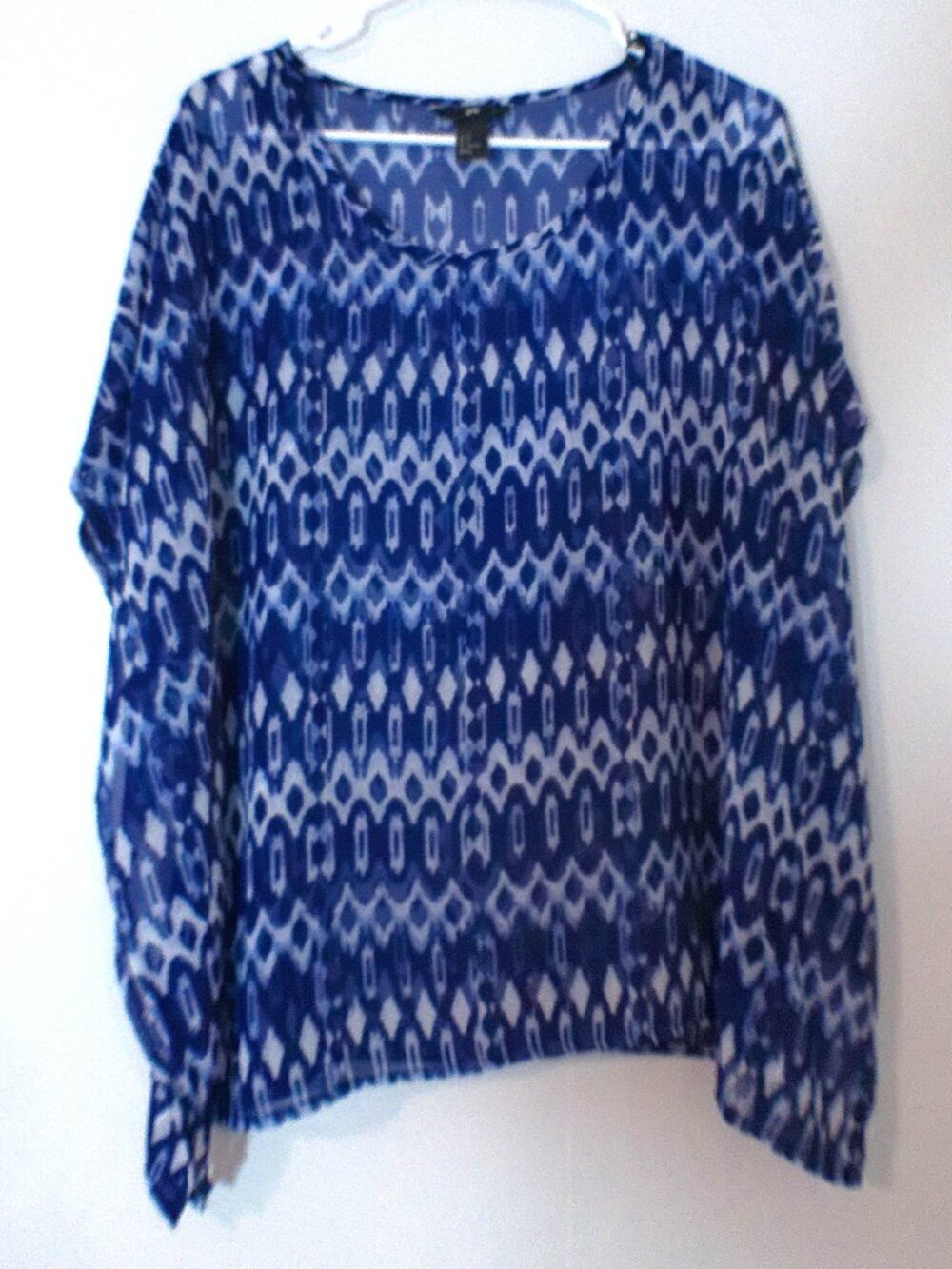 H&M Blouse Womens Size 6 Blue Ikat Print Long Sleeve Sheer Lightweight Top